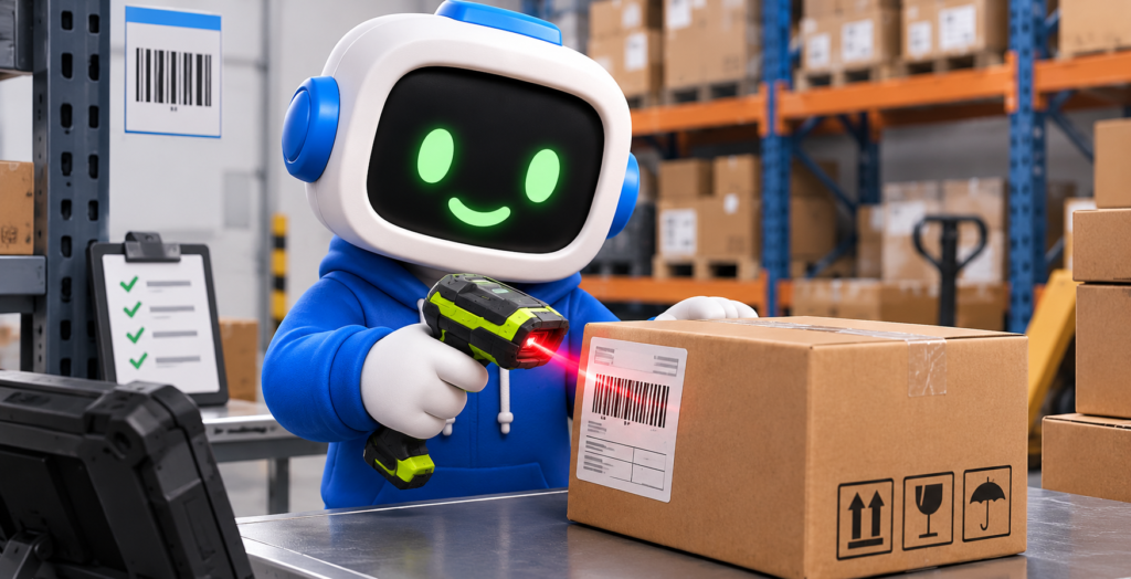 A warehouse worker scans a package barcode with a handheld barcode reader.